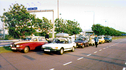 The UK cars queued after disembarkation in Sweden